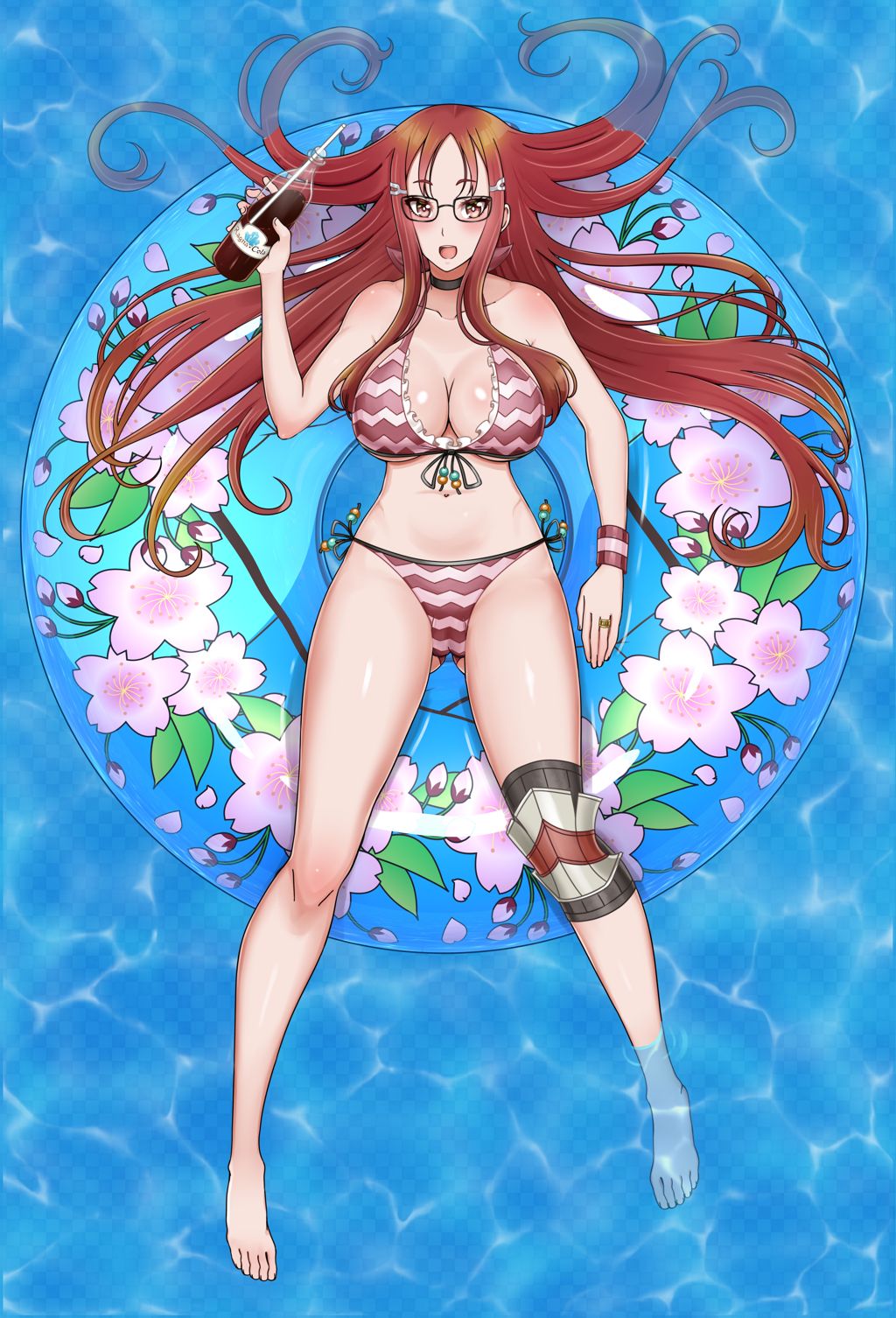 Drawing of Minerva on a Sakura blossom patterned ring holding a Ragna Cola bottle.